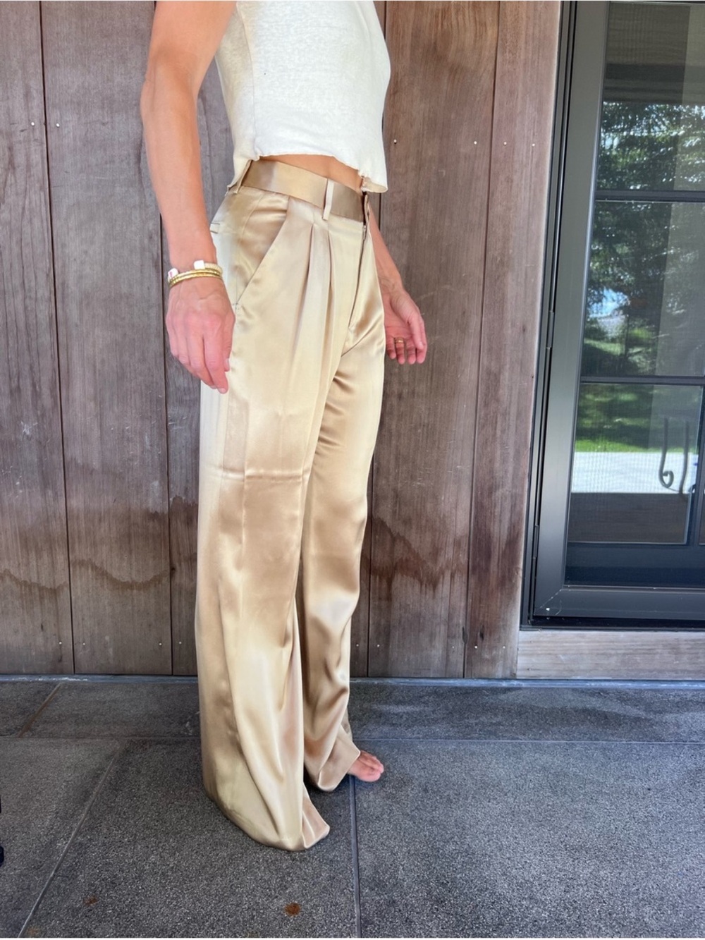 NWT Nili Lotan Flavie Silk Pleated Wide Leg Baggy Trouser Pants Khaki Gold Tan